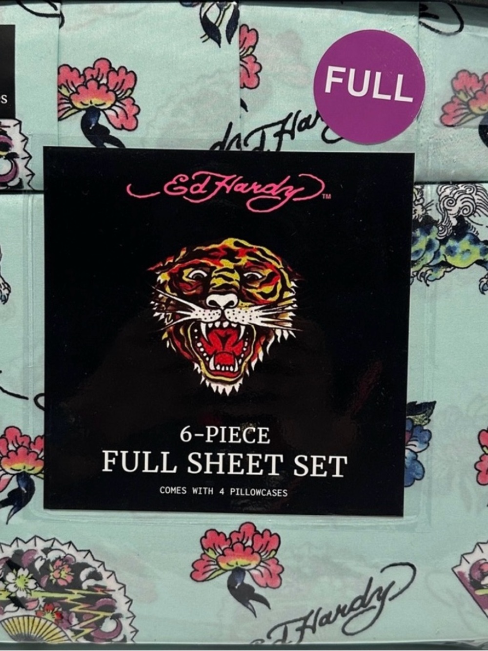 NWT Ed Hardy Full Sheet Set - Mint Floral with Tiger Graphic